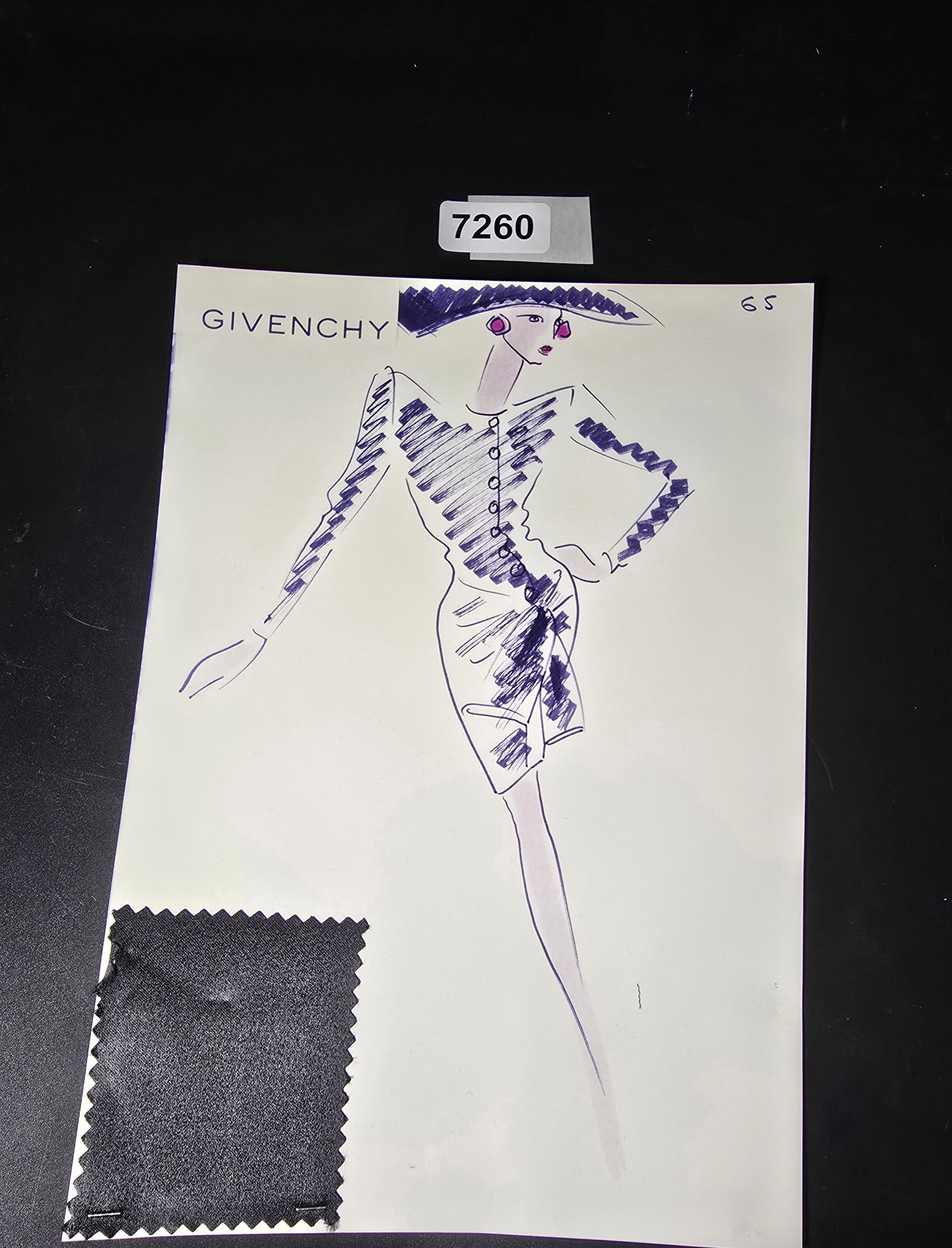 VINTAGE ORIGINAL GIVENCHY PARIS FASHION COLOR ILLUSTRATION WITH COLOR FABRIC SWATCHES #65: VINTAGE ORIGINAL GIVENCHY PARIS FASHION COLOR ILLUSTRATION WITH COLOR FABRIC SWATCHES #65, EACH CAME FROM GIVENCHY PARIS 1980S. AMAZING CONDITION FRM COUTURE BUYER COLLECTOR 1980S! EXCELLENT FOR FRAMI