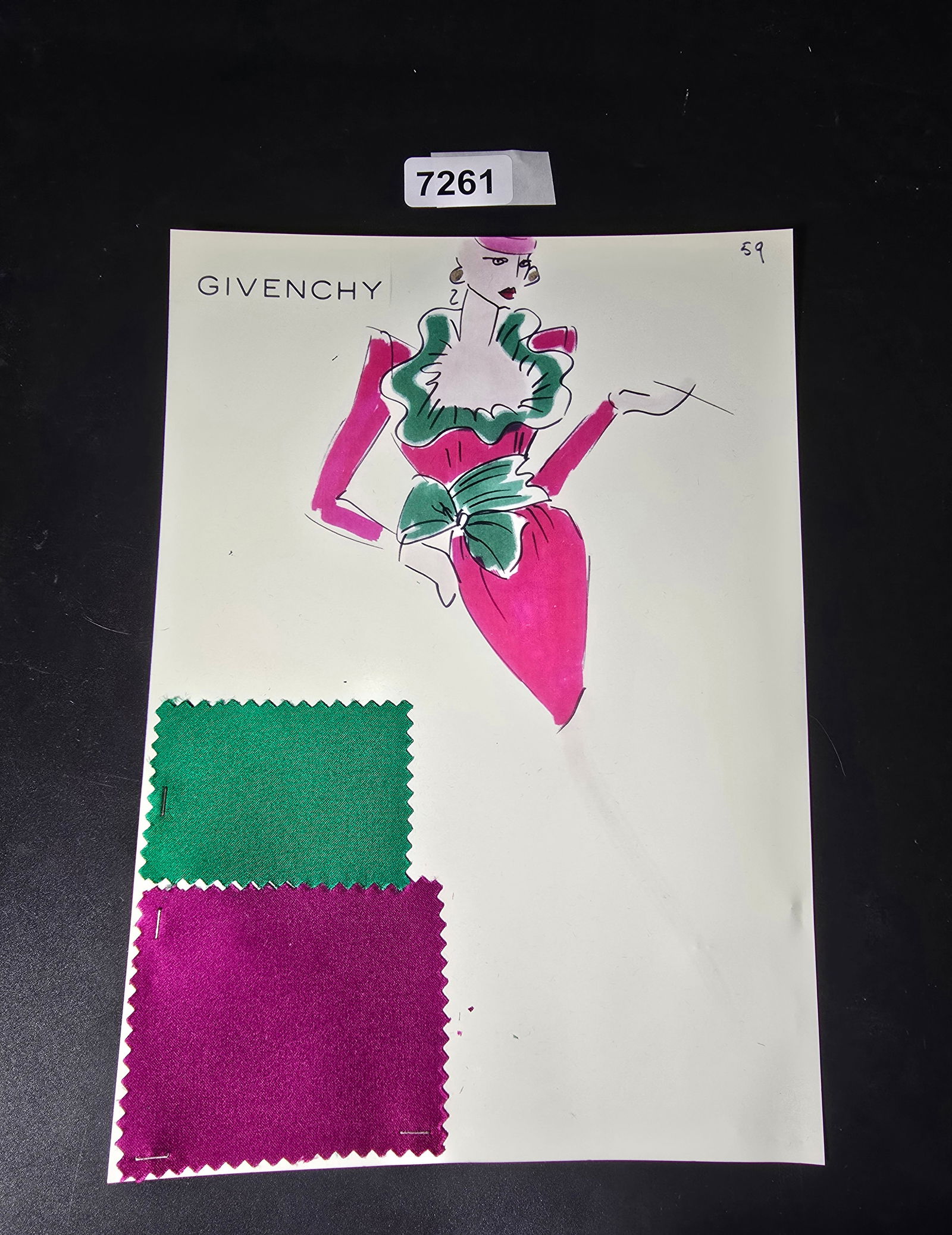 VINTAGE ORIGINAL GIVENCHY PARIS FASHION COLOR ILLUSTRATION WITH COLOR FABRIC SWATCHES #59: VINTAGE ORIGINAL GIVENCHY PARIS FASHION COLOR ILLUSTRATION WITH COLOR FABRIC SWATCHES #59, EACH CAME FROM GIVENCHY PARIS 1980S. AMAZING CONDITION FRM COUTURE BUYER COLLECTOR 1980S! EXCELLENT FOR FRAMI