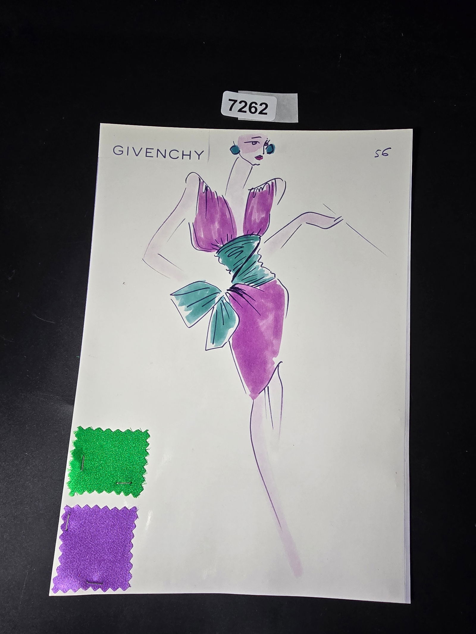 VINTAGE ORIGINAL GIVENCHY PARIS FASHION COLOR ILLUSTRATION WITH COLOR FABRIC SWATCHES #56: VINTAGE ORIGINAL GIVENCHY PARIS FASHION COLOR ILLUSTRATION WITH COLOR FABRIC SWATCHES #56, EACH CAME FROM GIVENCHY PARIS 1980S. AMAZING CONDITION FRM COUTURE BUYER COLLECTOR 1980S! EXCELLENT FOR FRAMI