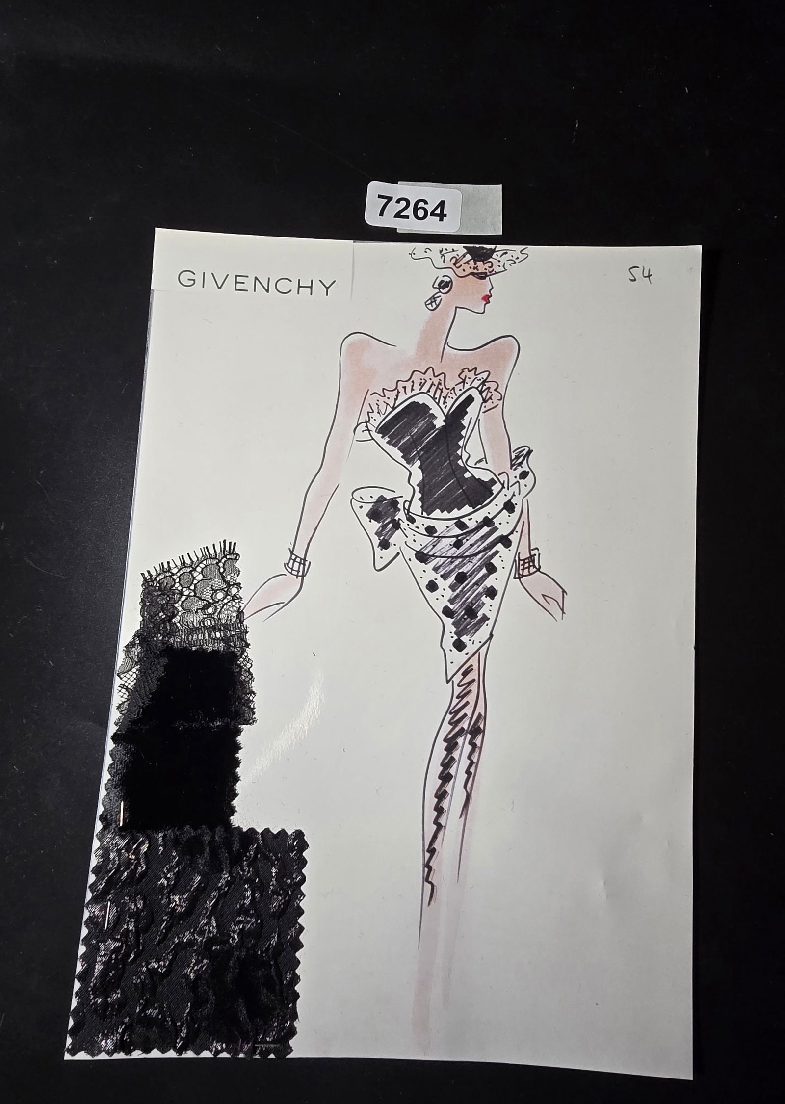 VINTAGE ORIGINAL GIVENCHY PARIS FASHION COLOR ILLUSTRATION WITH COLOR FABRIC SWATCHES #54: VINTAGE ORIGINAL GIVENCHY PARIS FASHION COLOR ILLUSTRATION WITH COLOR FABRIC SWATCHES #54, EACH CAME FROM GIVENCHY PARIS 1980S. AMAZING CONDITION FRM COUTURE BUYER COLLECTOR 1980S! EXCELLENT FOR FRAMI