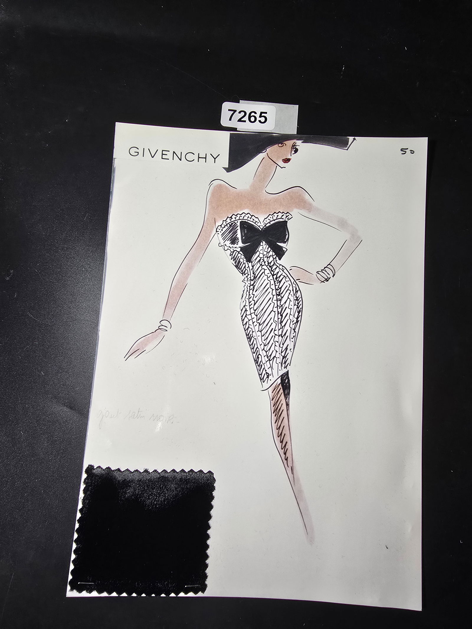 VINTAGE ORIGINAL GIVENCHY PARIS FASHION COLOR ILLUSTRATION WITH COLOR FABRIC SWATCHES #50: VINTAGE ORIGINAL GIVENCHY PARIS FASHION COLOR ILLUSTRATION WITH COLOR FABRIC SWATCHES #50, EACH CAME FROM GIVENCHY PARIS 1980S. AMAZING CONDITION FRM COUTURE BUYER COLLECTOR 1980S! EXCELLENT FOR FRAMI