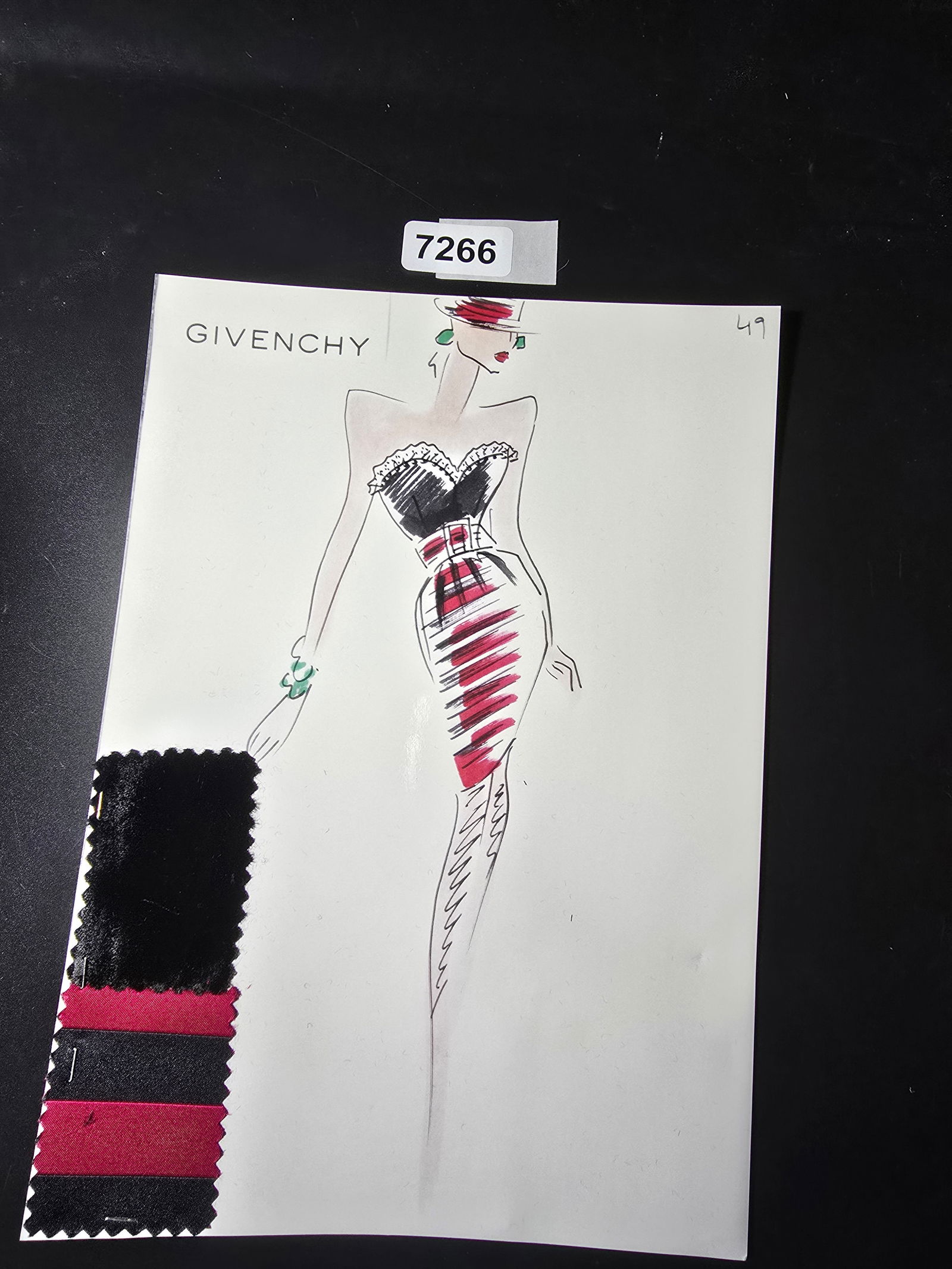 VINTAGE ORIGINAL GIVENCHY PARIS FASHION COLOR ILLUSTRATION WITH COLOR FABRIC SWATCHES #49: VINTAGE ORIGINAL GIVENCHY PARIS FASHION COLOR ILLUSTRATION WITH COLOR FABRIC SWATCHES #49, EACH CAME FROM GIVENCHY PARIS 1980S. AMAZING CONDITION FRM COUTURE BUYER COLLECTOR 1980S! EXCELLENT FOR FRAMI