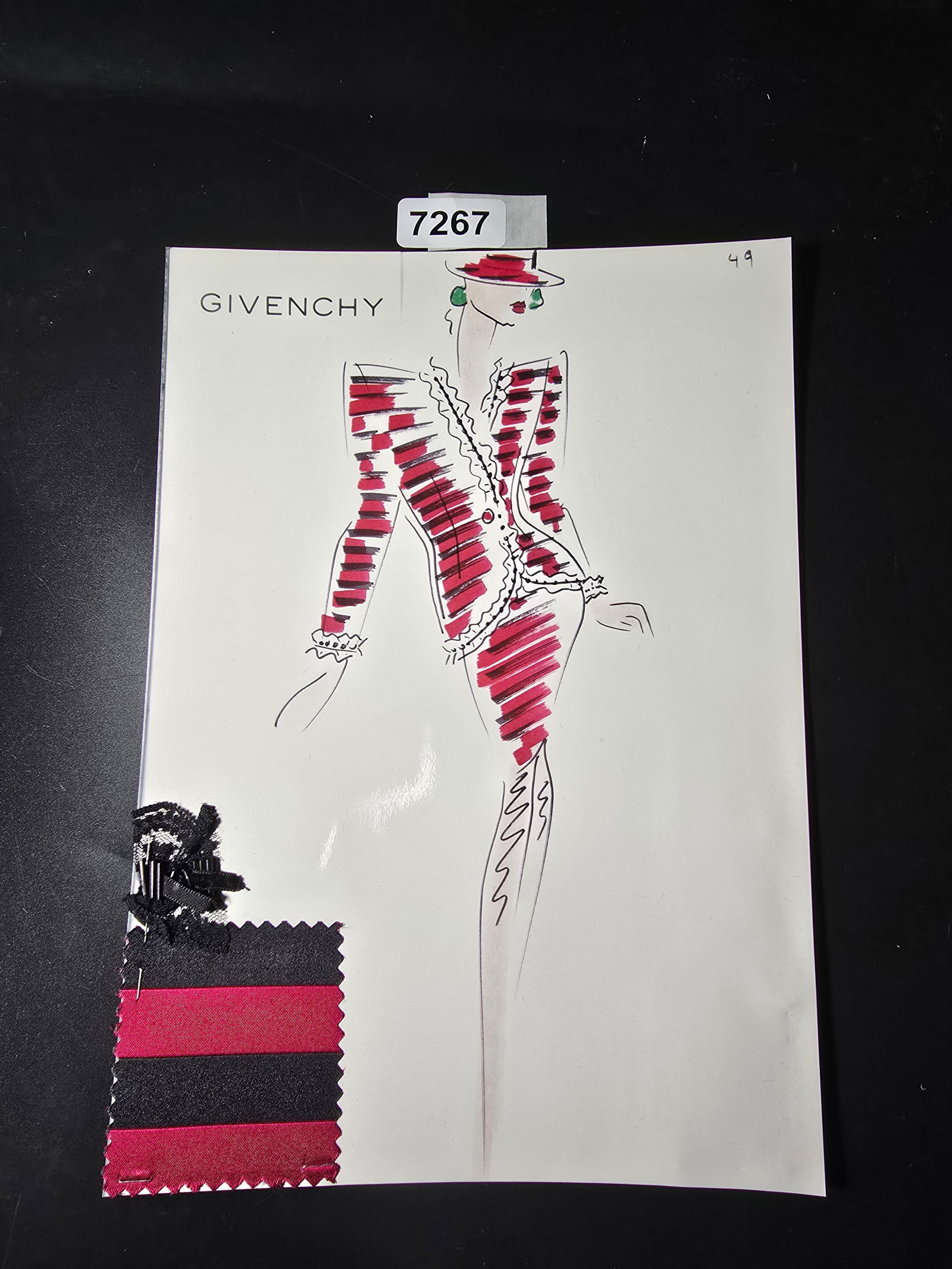 VINTAGE ORIGINAL GIVENCHY PARIS FASHION COLOR ILLUSTRATION WITH COLOR FABRIC SWATCHES #49: VINTAGE ORIGINAL GIVENCHY PARIS FASHION COLOR ILLUSTRATION WITH COLOR FABRIC SWATCHES #49, EACH CAME FROM GIVENCHY PARIS 1980S. AMAZING CONDITION FRM COUTURE BUYER COLLECTOR 1980S! EXCELLENT FOR FRAMI