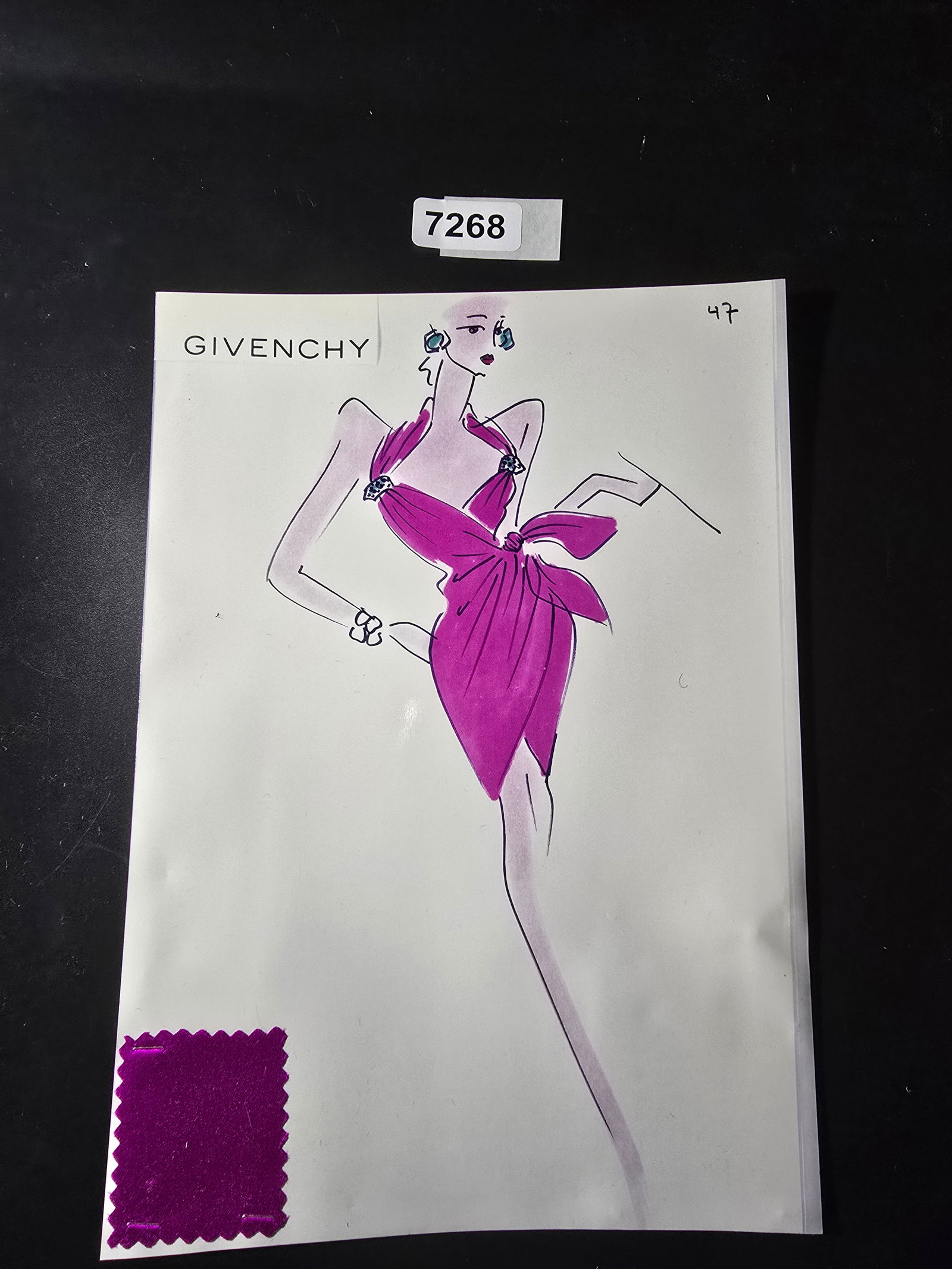 VINTAGE ORIGINAL GIVENCHY PARIS FASHION COLOR ILLUSTRATION WITH COLOR FABRIC SWATCHES #47: VINTAGE ORIGINAL GIVENCHY PARIS FASHION COLOR ILLUSTRATION WITH COLOR FABRIC SWATCHES #47, EACH CAME FROM GIVENCHY PARIS 1980S. AMAZING CONDITION FRM COUTURE BUYER COLLECTOR 1980S! EXCELLENT FOR FRAMI