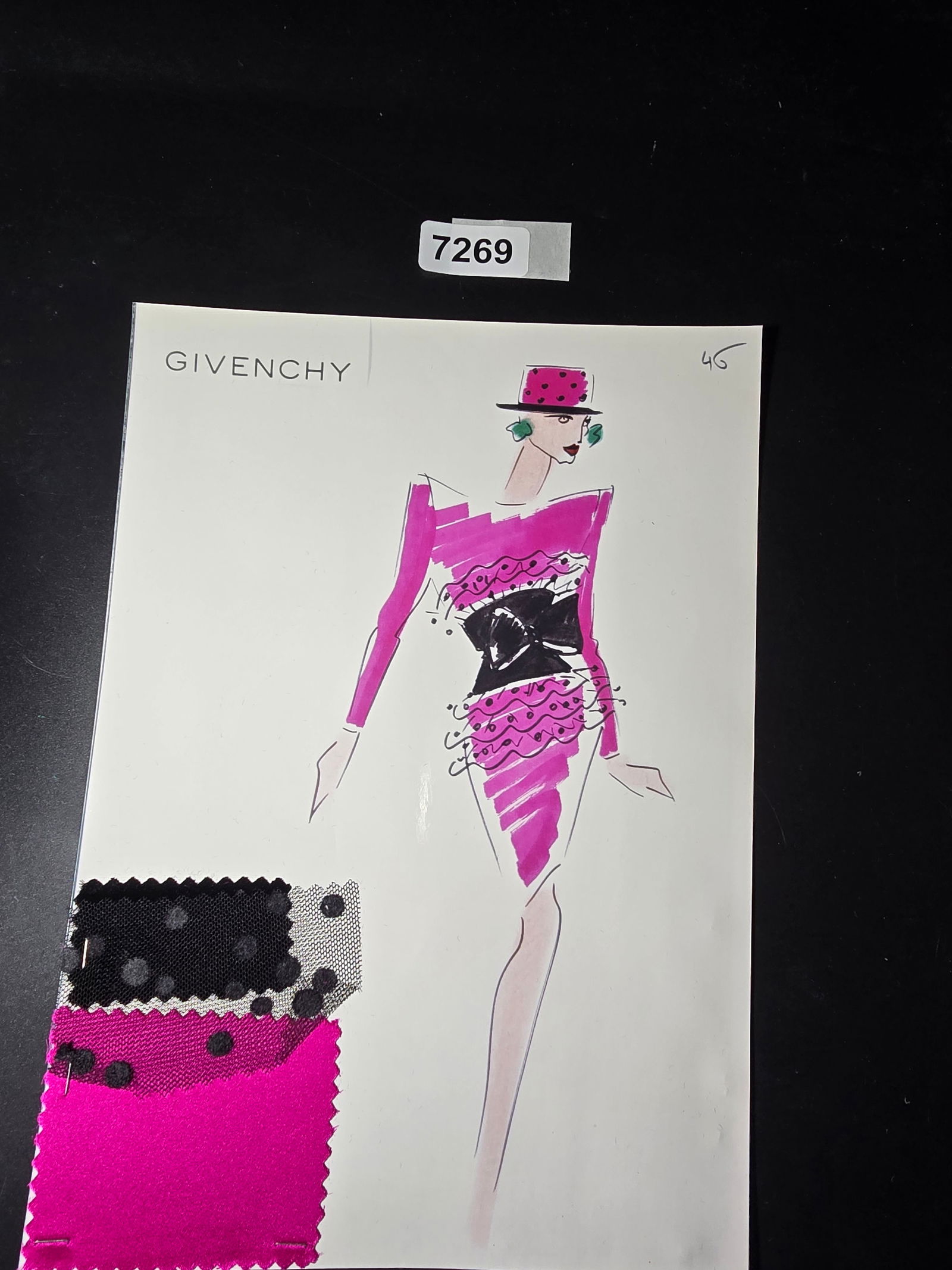 VINTAGE ORIGINAL GIVENCHY PARIS FASHION COLOR ILLUSTRATION WITH COLOR FABRIC SWATCHES #40: VINTAGE ORIGINAL GIVENCHY PARIS FASHION COLOR ILLUSTRATION WITH COLOR FABRIC SWATCHES #40, EACH CAME FROM GIVENCHY PARIS 1980S. AMAZING CONDITION FRM COUTURE BUYER COLLECTOR 1980S! EXCELLENT FOR FRAMI