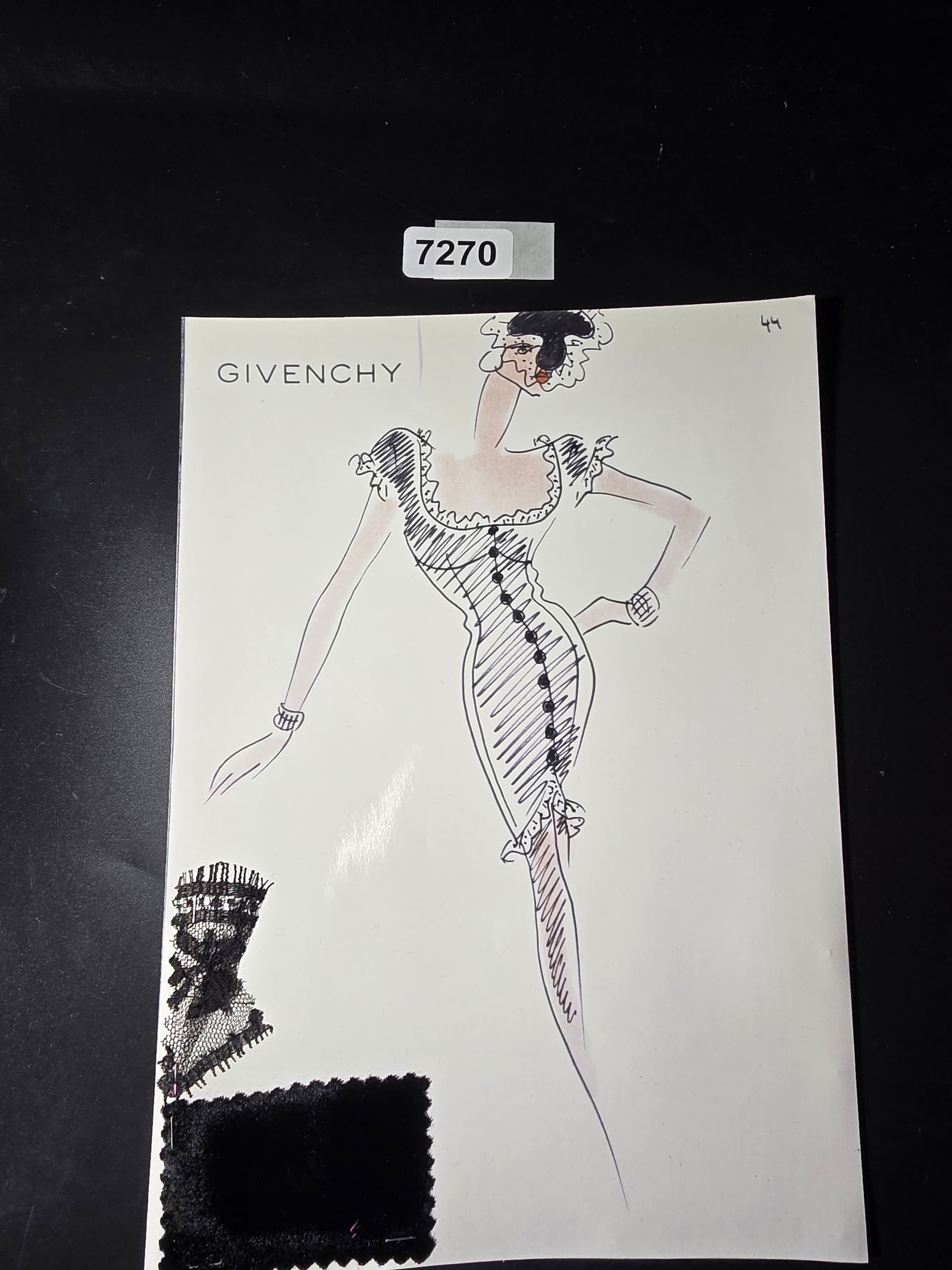 VINTAGE ORIGINAL GIVENCHY PARIS FASHION COLOR ILLUSTRATION WITH COLOR FABRIC SWATCHES #44: VINTAGE ORIGINAL GIVENCHY PARIS FASHION COLOR ILLUSTRATION WITH COLOR FABRIC SWATCHES #44, EACH CAME FROM GIVENCHY PARIS 1980S. AMAZING CONDITION FRM COUTURE BUYER COLLECTOR 1980S! EXCELLENT FOR FRAMI