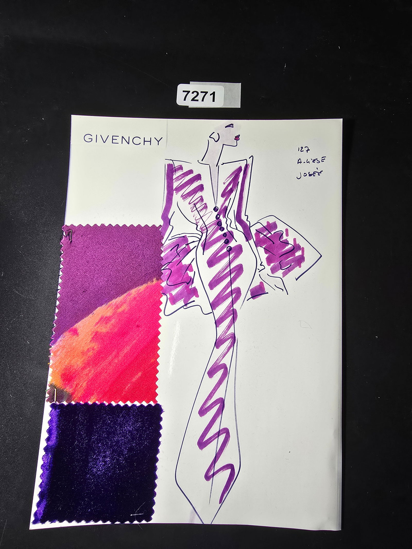VINTAGE ORIGINAL GIVENCHY PARIS FASHION COLOR ILLUSTRATION WITH COLOR FABRIC SWATCHES #127: VINTAGE ORIGINAL GIVENCHY PARIS FASHION COLOR ILLUSTRATION WITH COLOR FABRIC SWATCHES #127, EACH CAME FROM GIVENCHY PARIS 1980S. AMAZING CONDITION FRM COUTURE BUYER COLLECTOR 1980S! EXCELLENT FOR FRAM