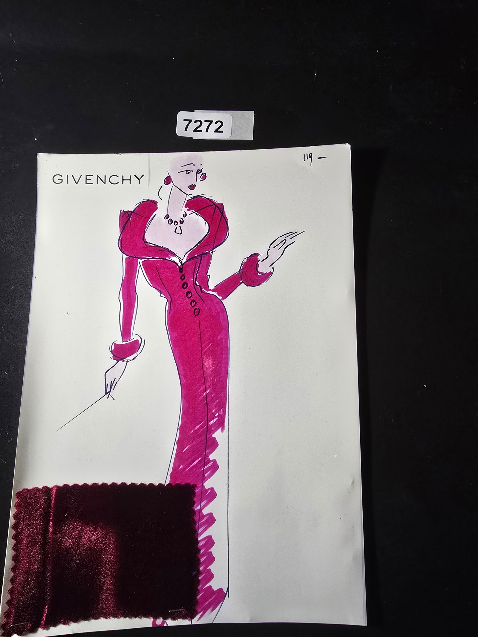 VINTAGE ORIGINAL GIVENCHY PARIS FASHION COLOR ILLUSTRATION WITH COLOR FABRIC SWATCHES #119: VINTAGE ORIGINAL GIVENCHY PARIS FASHION COLOR ILLUSTRATION WITH COLOR FABRIC SWATCHES #119, EACH CAME FROM GIVENCHY PARIS 1980S. AMAZING CONDITION FRM COUTURE BUYER COLLECTOR 1980S! EXCELLENT FOR FRAM
