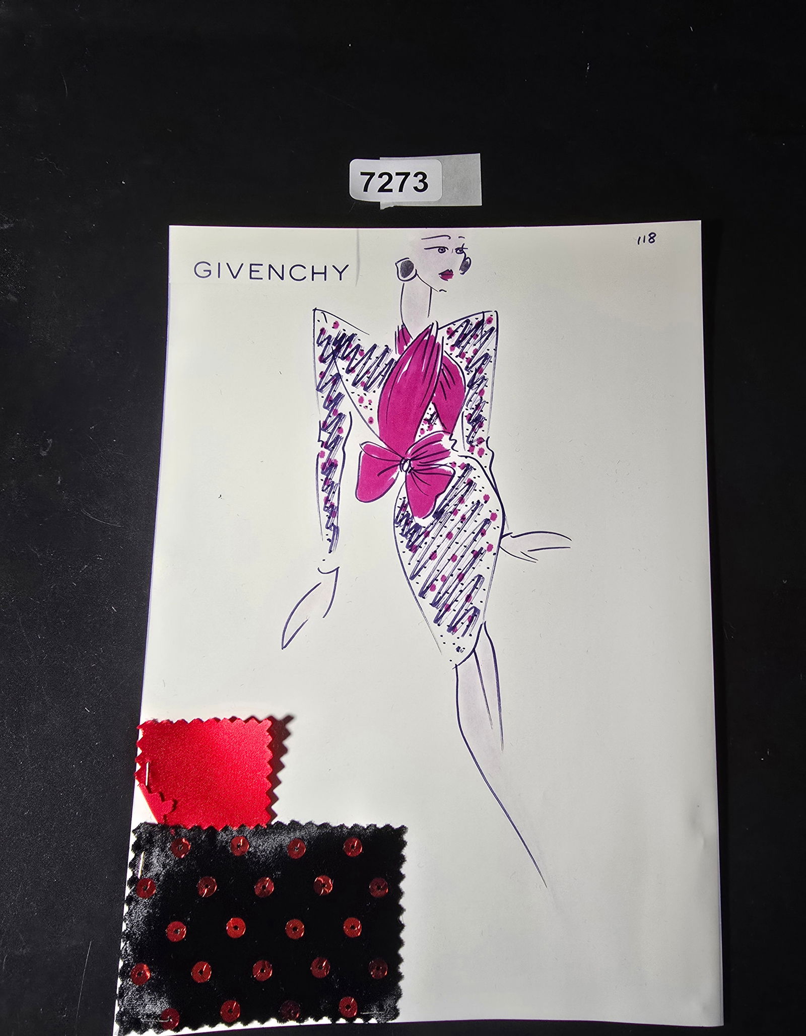 VINTAGE ORIGINAL GIVENCHY PARIS FASHION COLOR ILLUSTRATION WITH COLOR FABRIC SWATCHES #118: VINTAGE ORIGINAL GIVENCHY PARIS FASHION COLOR ILLUSTRATION WITH COLOR FABRIC SWATCHES #118, EACH CAME FROM GIVENCHY PARIS 1980S. AMAZING CONDITION FRM COUTURE BUYER COLLECTOR 1980S! EXCELLENT FOR FRAM
