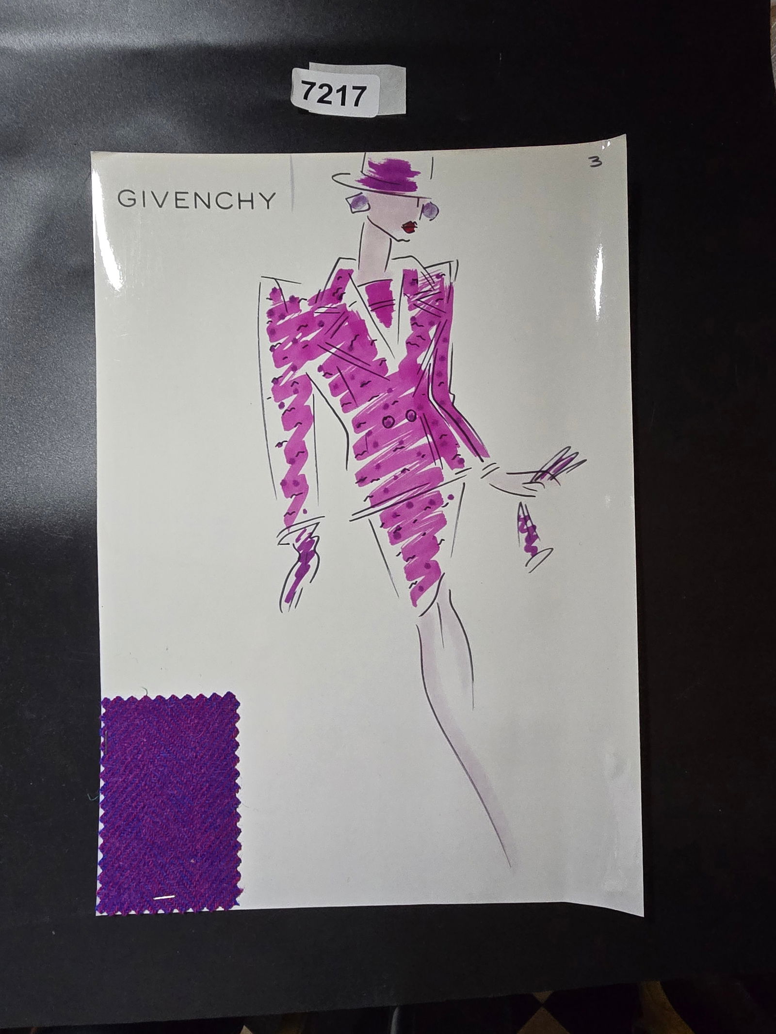 VINTAGE ORIGINAL GIVENCHY PARIS FASHION COLOR ILLUSTRATION WITH COLOR FABRIC SWATCHES #3 7217: VINTAGE ORIGINAL GIVENCHY PARIS FASHION COLOR ILLUSTRATION WITH COLOR FABRIC SWATCHES #3, EACH CAME FROM GIVENCHY PARIS 1980S. AMAZING CONDITION FRM COUTURE BUYER COLLECTOR 1980S! EXCELLENT FOR FRAMIN