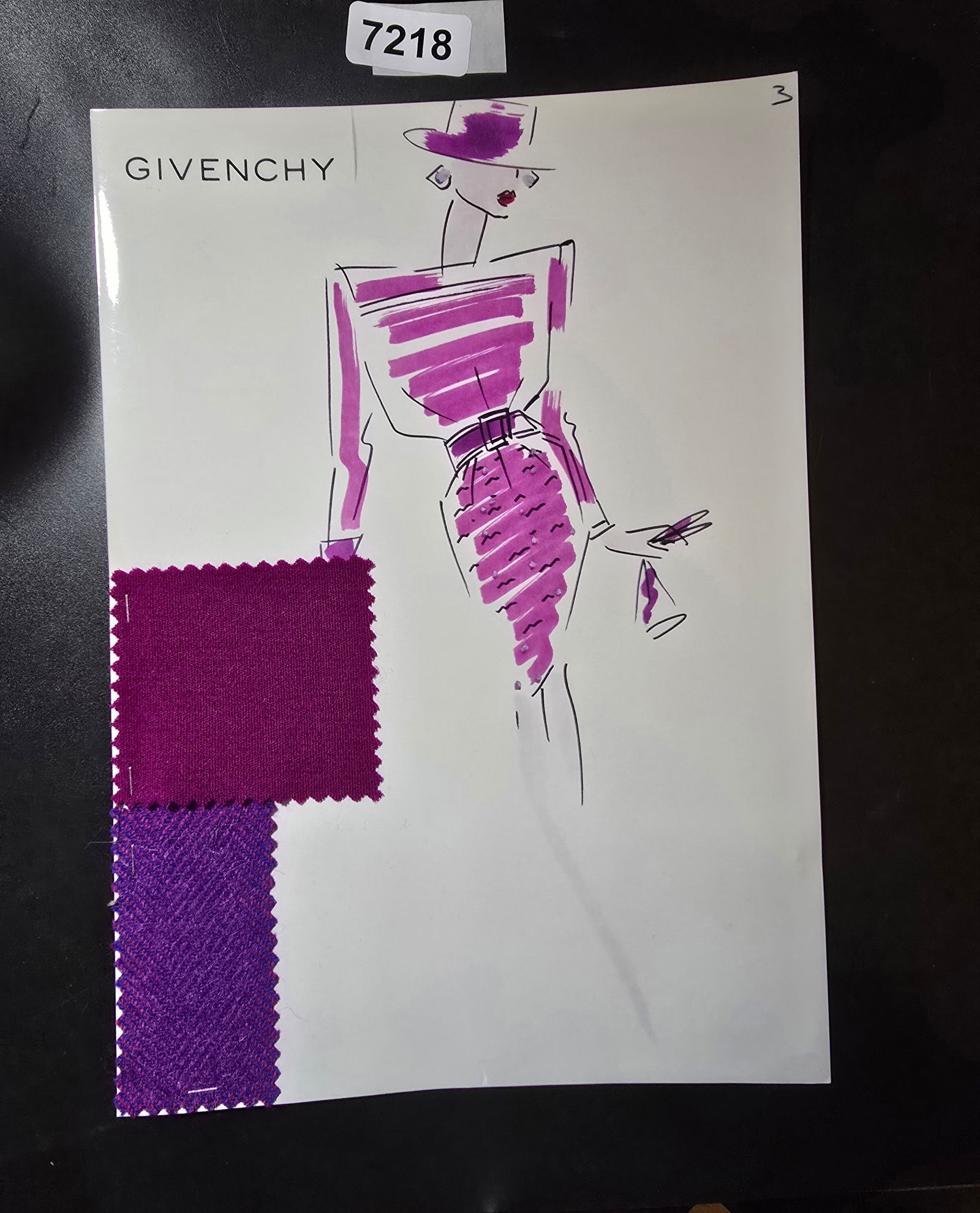 VINTAGE ORIGINAL GIVENCHY PARIS FASHION COLOR ILLUSTRATION WITH COLOR FABRIC SWATCHES #3 7218: VINTAGE ORIGINAL GIVENCHY PARIS FASHION COLOR ILLUSTRATION WITH COLOR FABRIC SWATCHES #3, EACH CAME FROM GIVENCHY PARIS 1980S. AMAZING CONDITION FRM COUTURE BUYER COLLECTOR 1980S! EXCELLENT FOR FRAMIN