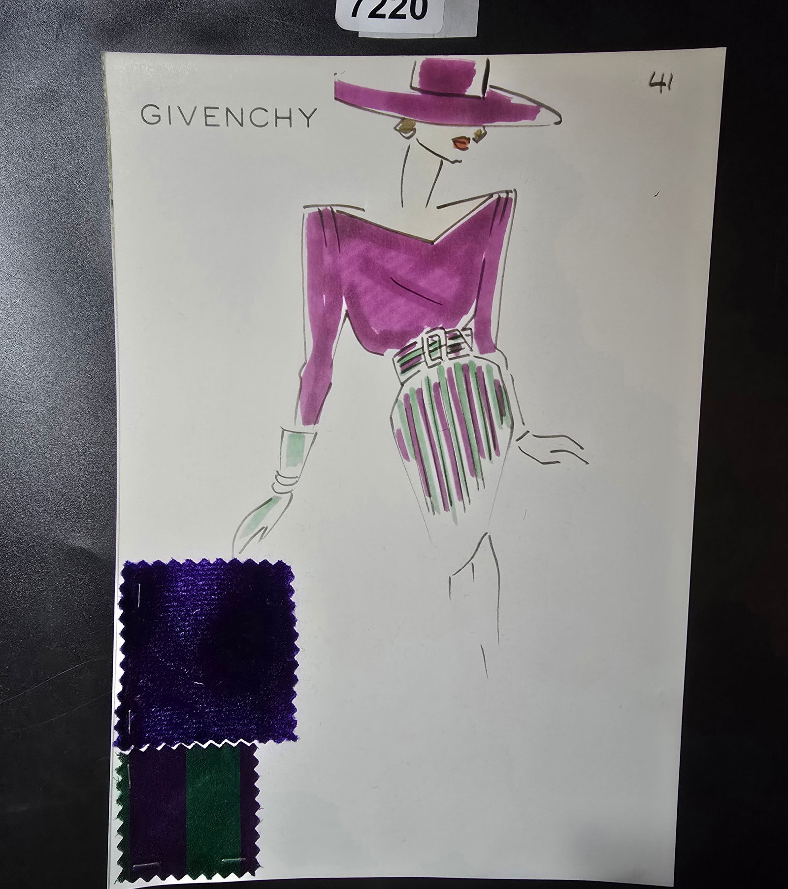 VINTAGE ORIGINAL GIVENCHY PARIS FASHION COLOR ILLUSTRATION WITH COLOR FABRIC SWATCHES #41 7220: VINTAGE ORIGINAL GIVENCHY PARIS FASHION COLOR ILLUSTRATION WITH COLOR FABRIC SWATCHES #41, EACH CAME FROM GIVENCHY PARIS 1980S. AMAZING CONDITION FRM COUTURE BUYER COLLECTOR 1980S! EXCELLENT FOR FRAMI