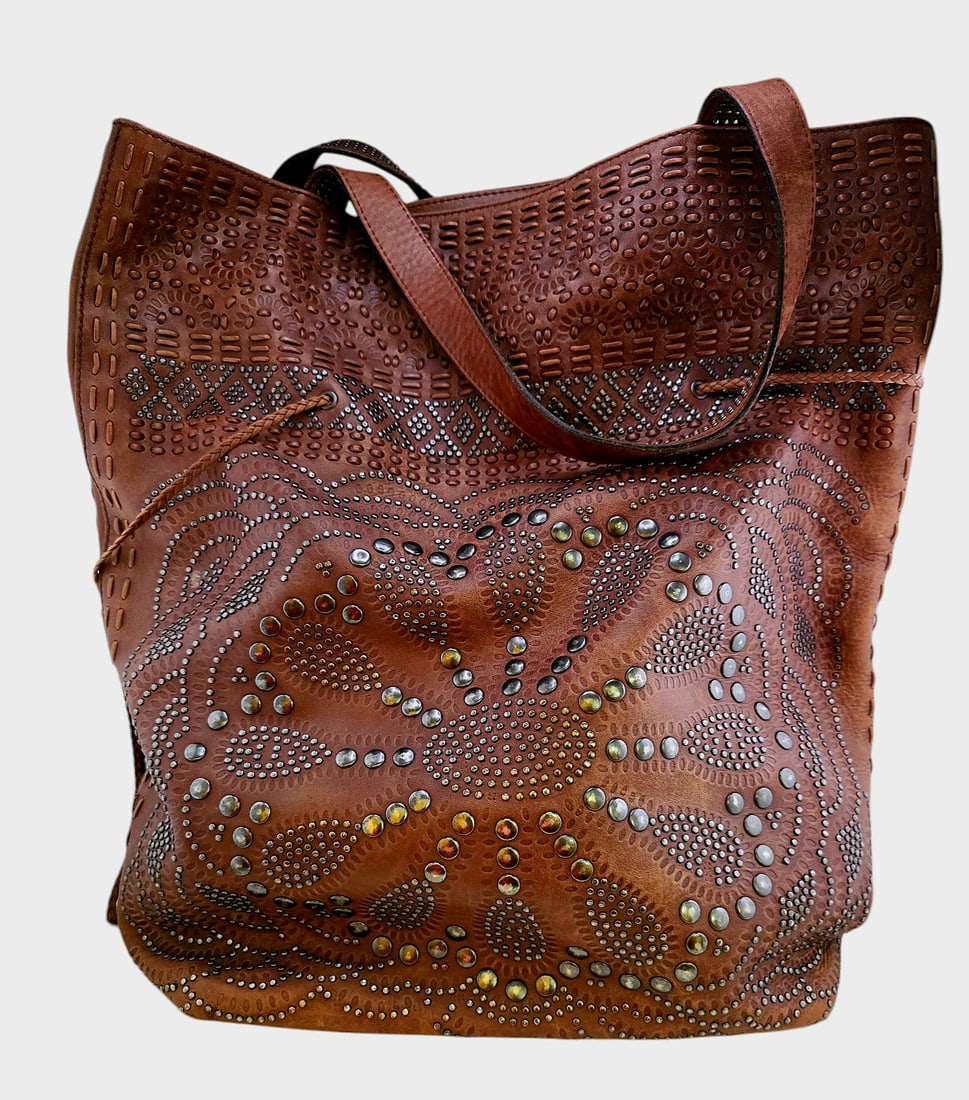 VINTAGE GUCCI BROWN STUDDED LEATHER DRAWSTRING TOTE BAG (1 of 13)