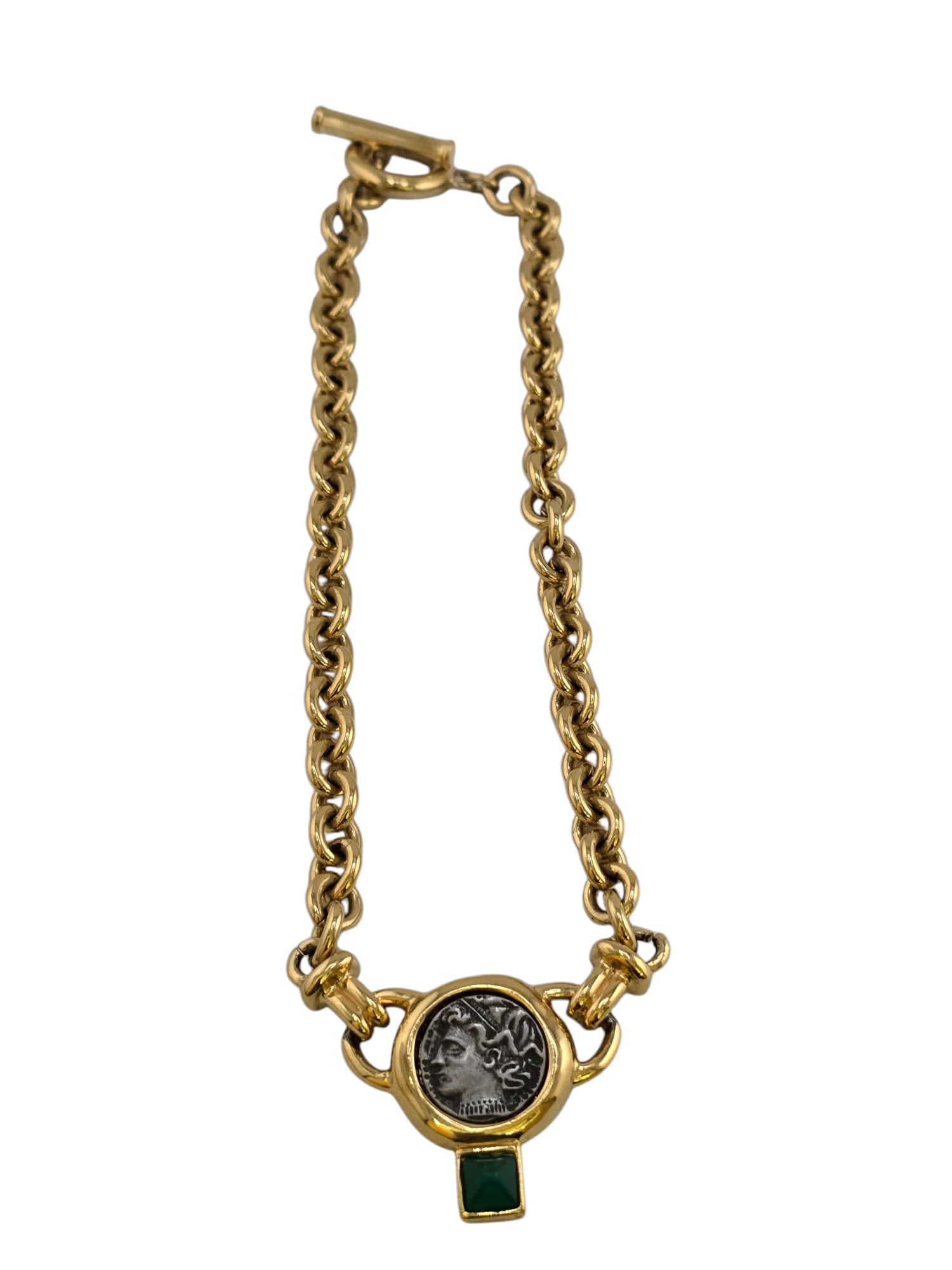 UNSIGNED 80S FAUX COIN AND ACRYLIC STONE CHAIN NECKLACE (1 of 3)