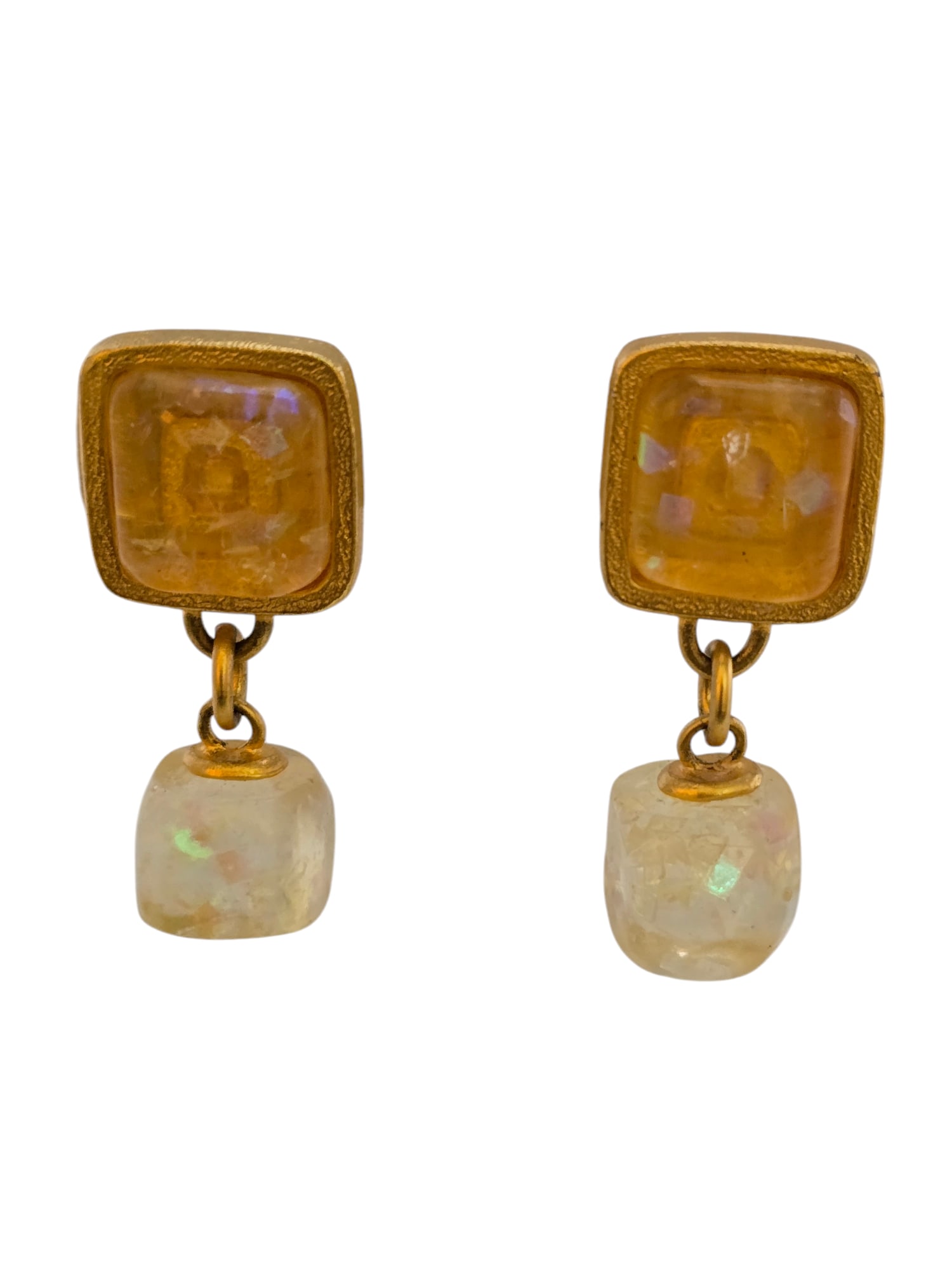 VINTAGE RARE 80S SIGNED BOB HOUSE GLITTERY RESIN ICE CUBE CLIP EARRINGS: VINTAGE RARE 80S SIGNED BOB HOUSE GLITTERY RESIN ICE CUBE CLIP EARRINGS, 2". IN VERY GOOD CONDITION, SUPER RARE. HIS PIECES GO FOR BIG $. WELL MADE, BOTH SIGNED. WE OFFER IN-HOUSE SHIPPING AS WELL AS