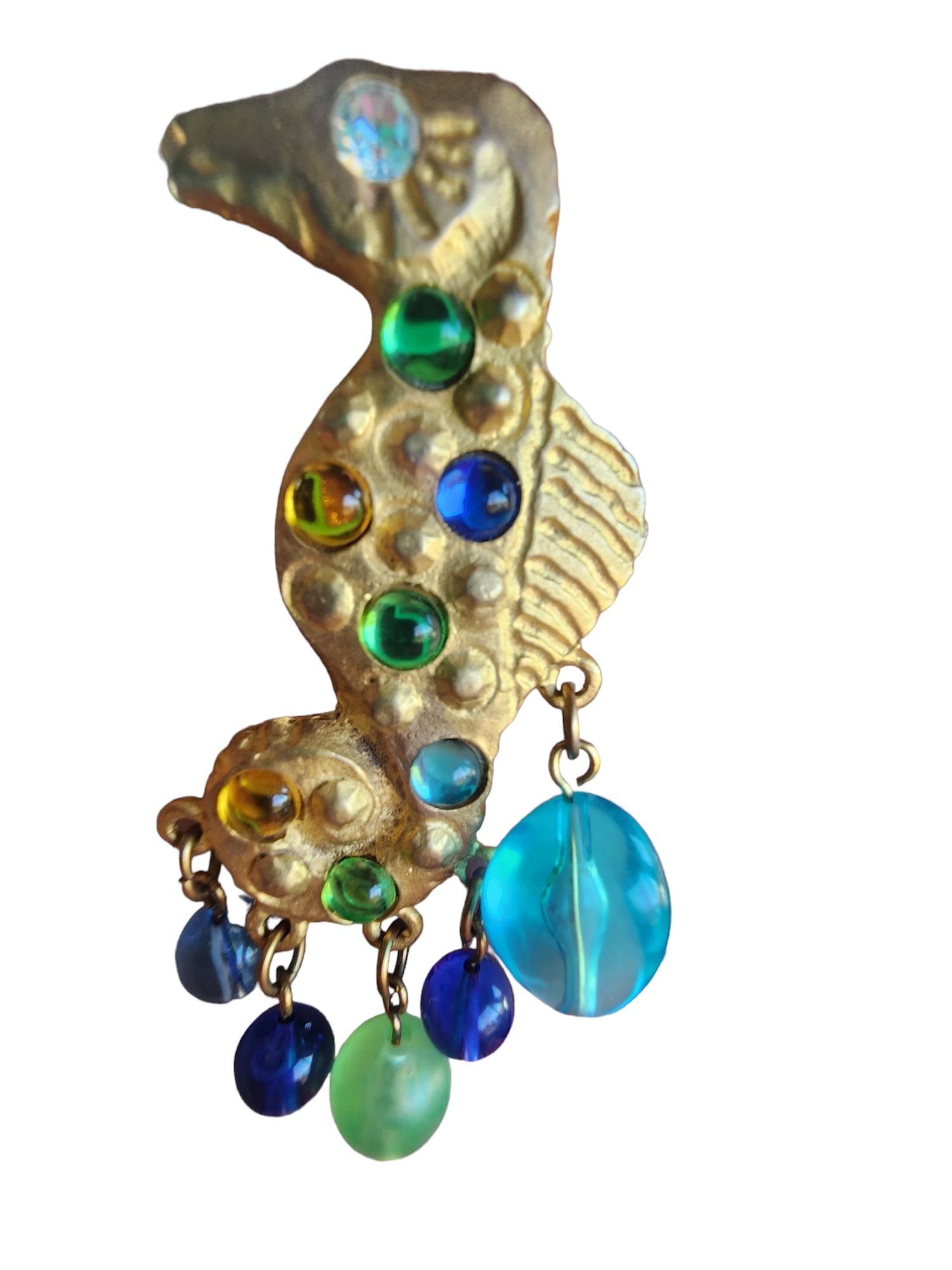 VINTAGE 80S JEWELED SEA CREATURE DANGLING BEADED BROOCH (1 of 3)