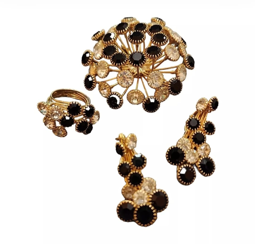 VINTAGE SPUTNIK/COSMIC/ATOMIC PARURE: ALL ARE UNSIGNED, WELL MADE. NICE GLASS STONES, BROOCH IS 2.25" BY 1.25" HIGH. EARRINGS ARE CLIPS, 1.75"*THE RING SHANK HAS A LITTLE PLATING LOSS AT THE BACK, SZ 7.5.