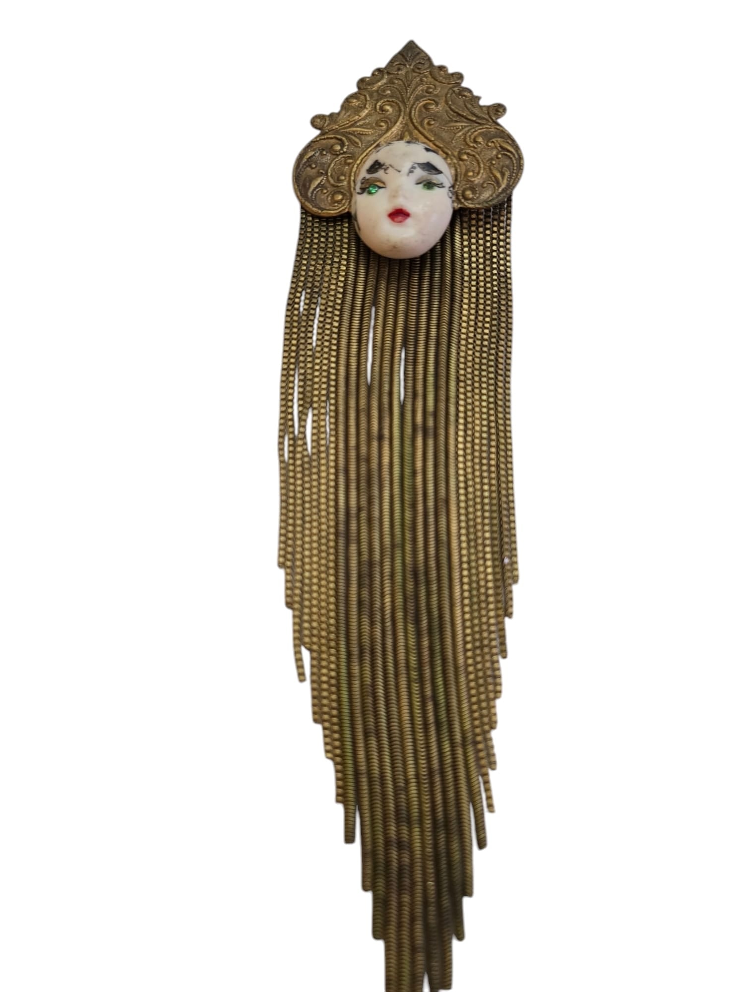 FUN 80S SIGNED MARENA? STYLE PORCELAIN FACE BROOCH WITH CHAIN DANGLE BROOCH (1 of 5)