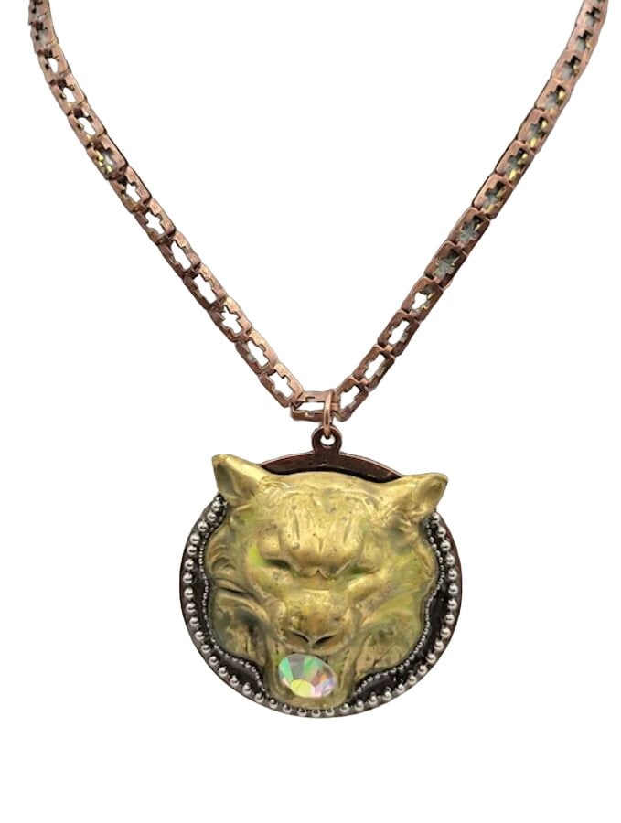 UNIQUE COPPER AND BRASS REPOUSSE LION HEAD NECKLACE (1 of 4)