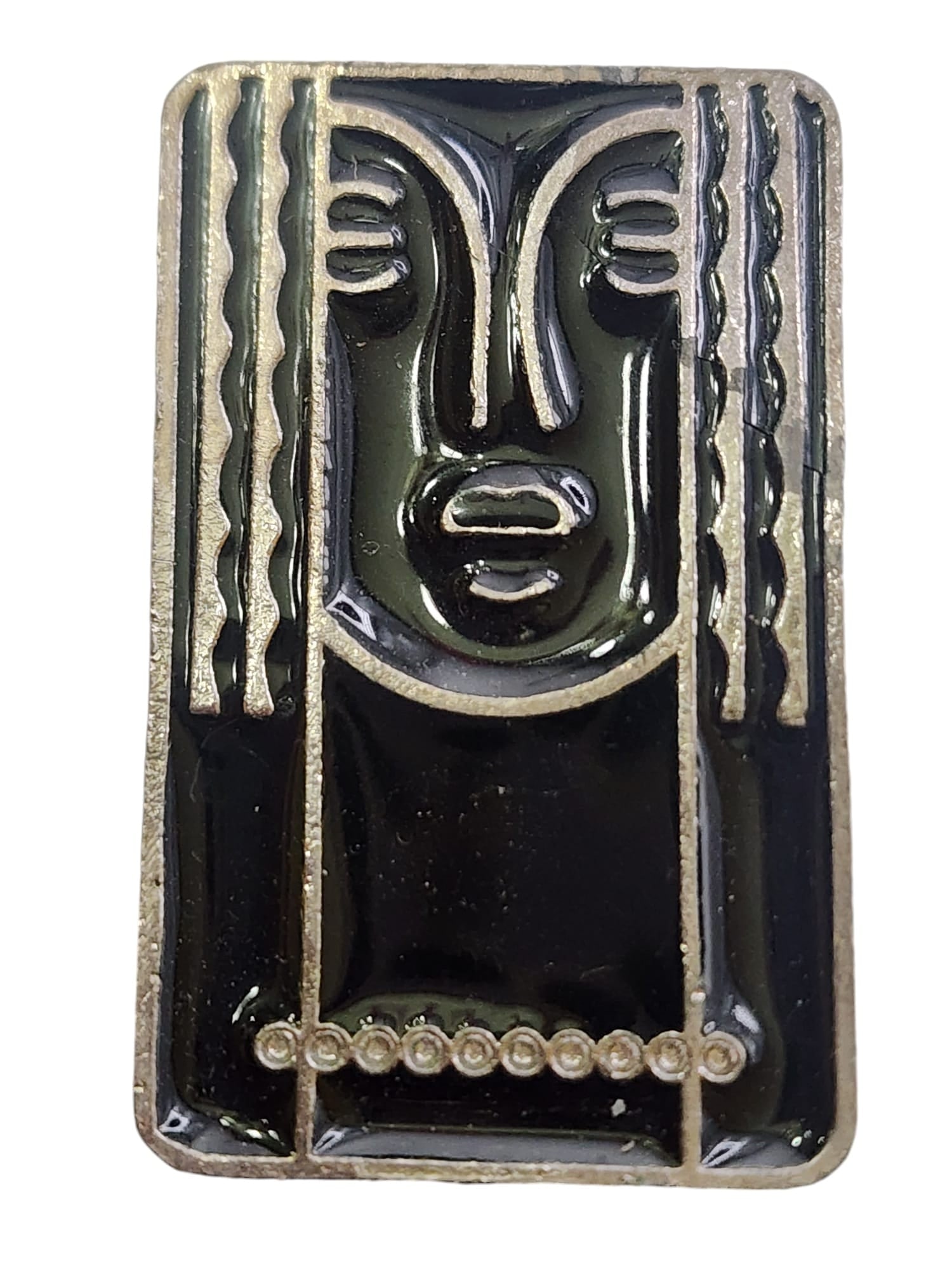 SIGNED RITZ PEWTER ENAMEL PROMOTIONAL 1975 BROOCH BY CHARLES OF THE RITZ: Signed Ritz Pewter Enamel Promotional 1975 Brooch By Charles of the Ritz Size: 2" x 1" Color: Silver, black Condition: Very good vintage; has a little wear on side to the silver. Era: Circa 1975 Signe