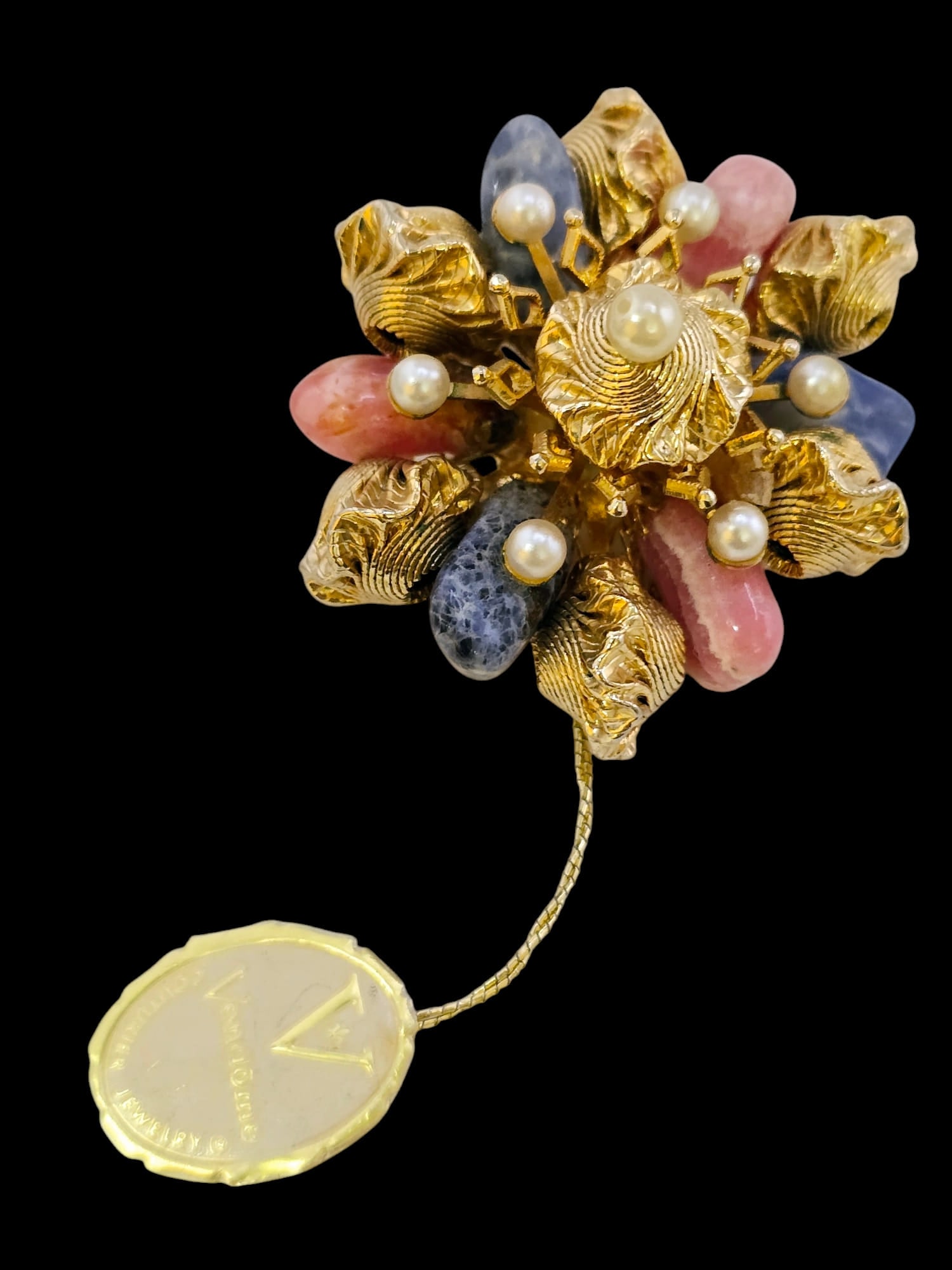 VINTAGE VENDOME UNIQUE STONE DIMENSIONAL BROOCH WITH ORIGINAL TAG: VERY UNIQUE, I DID NOT TEST THE STONES, ALL HAND WIRED, HAS THE ORIGINAL PAPER TAG, 2"