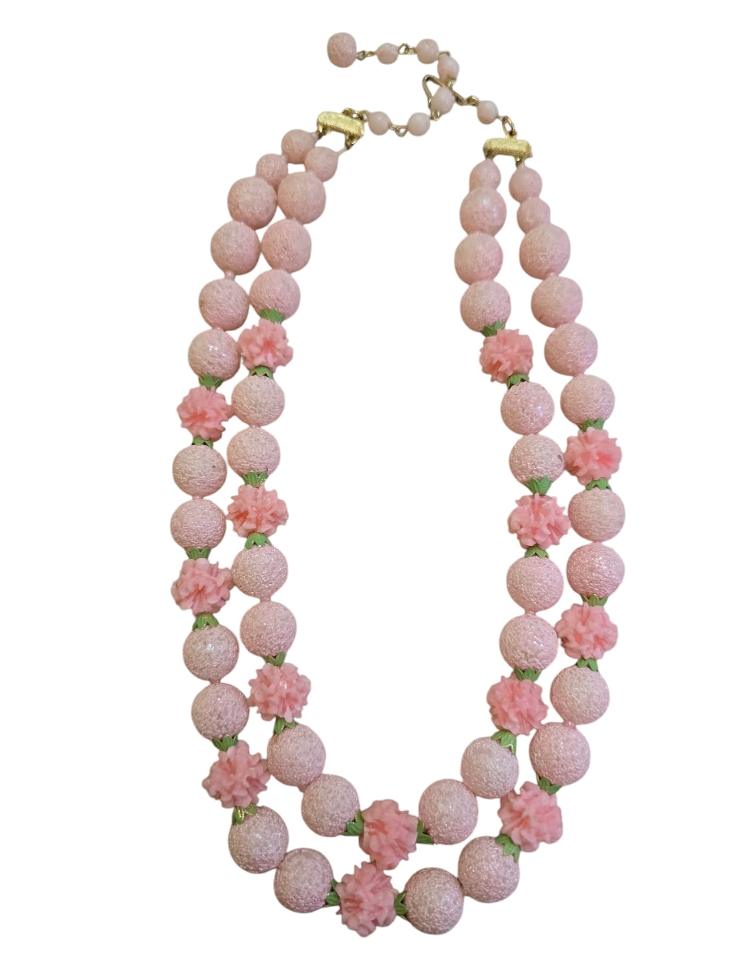 JAPAN SIGNED SUGARED FLOWER DOUBLE STRAND NECKLACE: FABULOUS SET, LOOKS AS IF IT WAS NEVER REMOVED FROM THE BOX. UNSIGNED, INCLUDING THE BOX HAS NO MAKER. NECKLACE IS APPROXIMATELY 16", CLIP EARRINGS ARE 1.5". STONES ARE VERY BRIGHT AND CLEAR. I DO HAV