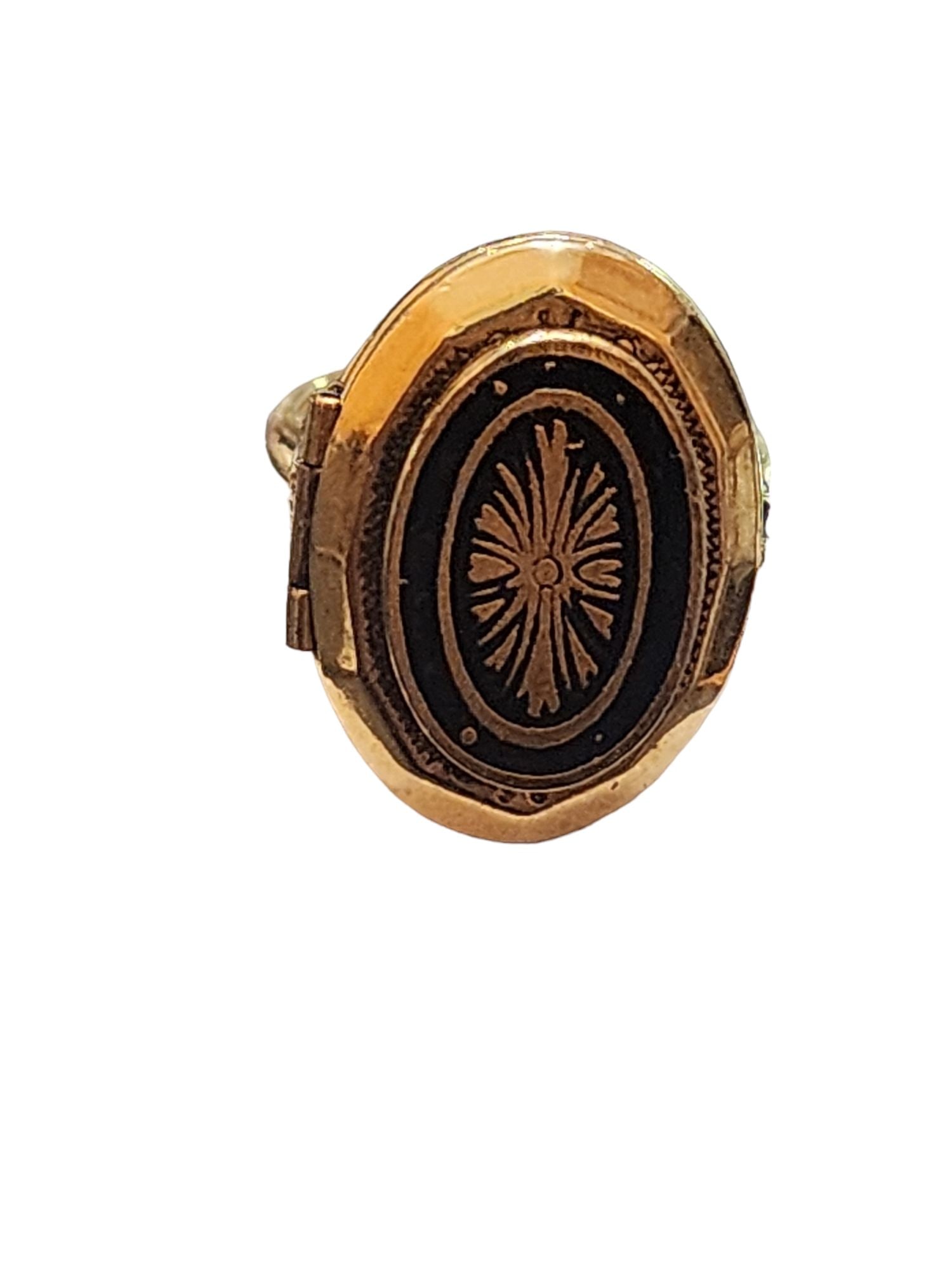 VINTAGE NOS ADJUSTABLE RARE LOCKET VICTORIAN REVIVAL RING: Vintage NOS Adjustable Rare Locket Victorian Revival Ring (A3709) Size: 5" Across Color: Gold, Black Condition: Very good vintage; new old stock Signed: None Details: Came from a retired dealer's old 