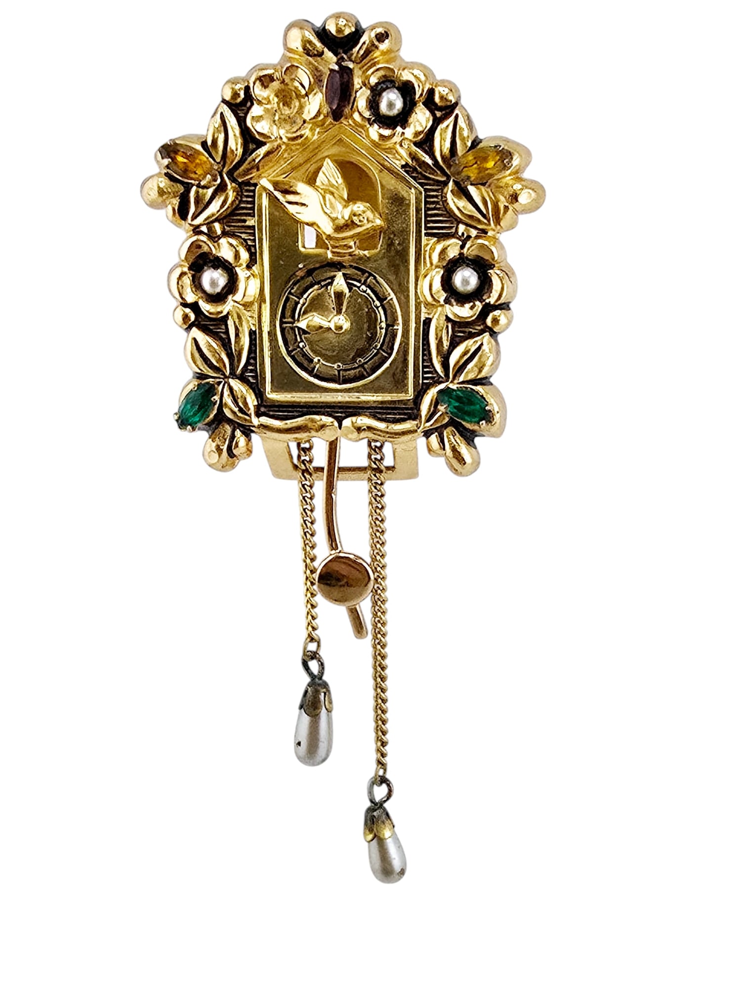 CORO SIGNED CUCKOO CLOCK DRESS CLIP: IN NICE CONDITION, THE PEARL DROPS HAVE SOME MARKS AND THE PLATING ON THE BEAD CAPS HAVE LOST SOME OF THE PLATING, 4".