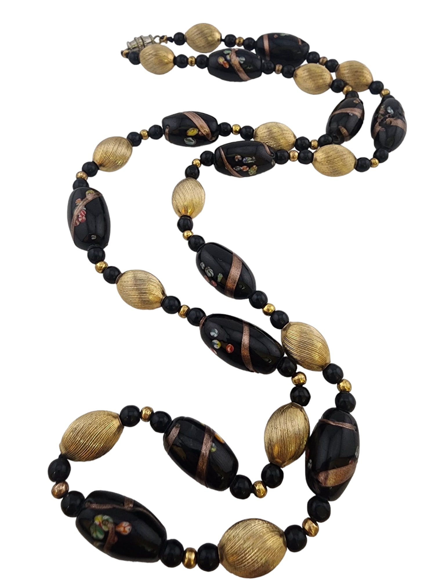 VINTAGE BRUSHED GOLD BEADS AND MILLEFIORI MURANO COMBO BEADED NECKLACE: VINTAGE BRUSHED GOLD BEADS AND MILLEFIORI MURANO COMBO BEADED NECKLACE, 29" WE OFFER IN-HOUSE SHIPPING AS WELL AS LIVE SHIPPING
