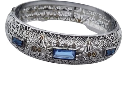 EDWARDIAN ELABORATE FILIGREE RHODIUM PLATED BANGLE MARKED CT