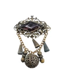 VINTAGE CZECH?STYLE FACETED GLASS AND BRASS DANGLE BROOCH
