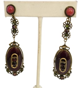 ANTIQUE INTERESTING GLASS AND BRASS FILIGREE DANGLE SCREW BACK EARRINGS
