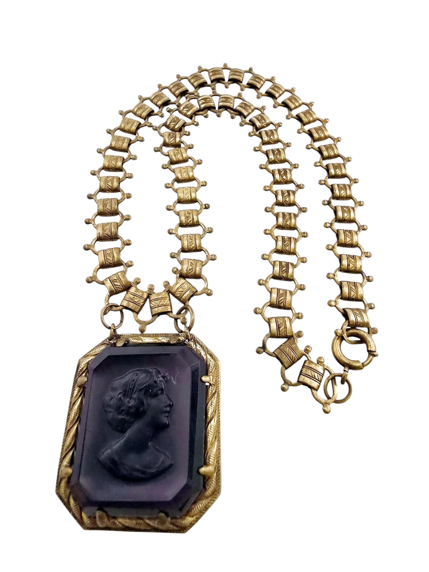 ANTIQUE RAISED GLASS CAMEO PENDANT ON VICTORIAN BOOK CHAIN NECKLACE (1 of 5)
