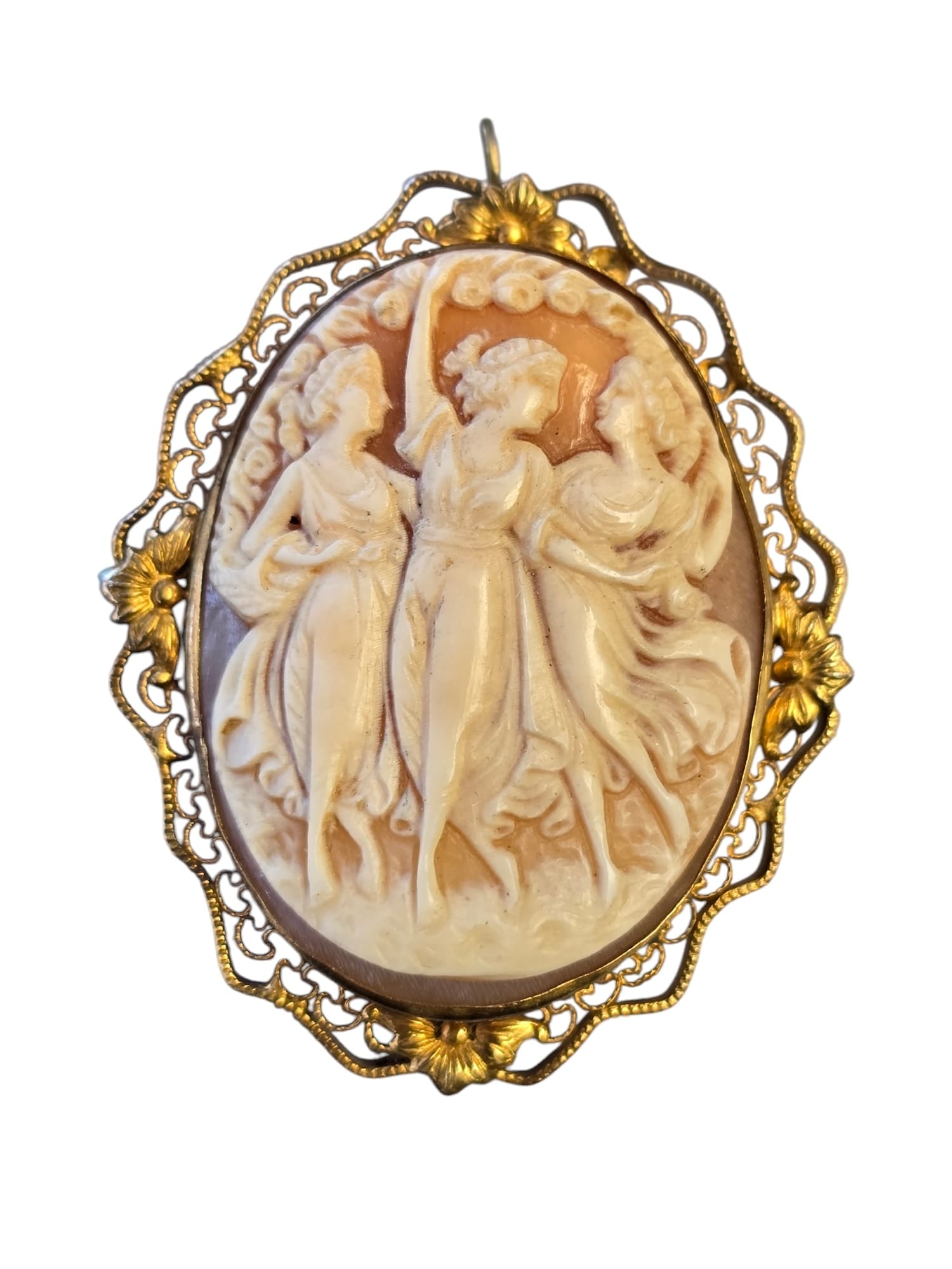 GOLD FILLED DIMENSIONAL BEAUTIFULLY CARVED 3 MAIDENS CAMEO BROOCH / PENDANT (1 of 7)