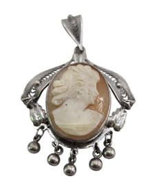 BEAUTIFUL STERLING FILIGREE CAMEO PENDANT W/ DANGLES