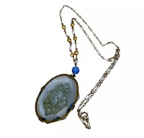 ANTIQUE ART DECO ETCHED GLASS PENDANT ON PAPER CLIP CHAIN NECKLACE
