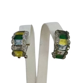 VINTAGE MARKED STERLING MULTICOLOR GLASS CHANNEL SET HUGGIE STYLE PIERCED EARRINGS