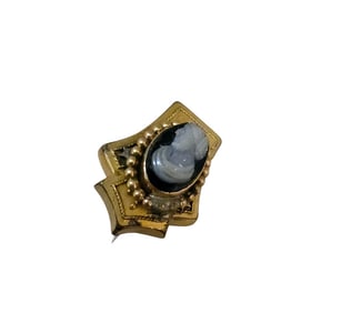 ANTIQUE TINY BRASS GLASS CAMEO BROOCH