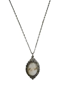 VINTAGE STERLING AND MARCASITE CAMEO PENDANT NECKLACE ON STERLING SILVER CHAIN