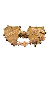 ANTIQUE GOLD FILLED AND BRASS DOUBLE HEART MIZPAH BROOCH