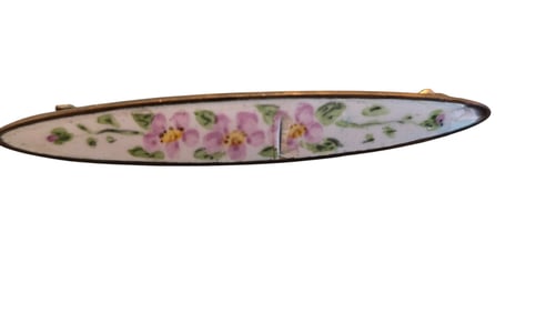 ANTIQUE PORCELAIN AND BRASS FLORAL BAR PIN - AS IS