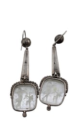 ANTIQUE RARE ART DECO FRENCH MARCASITE AND INTAGLIO GLASS PIERCED EARRINGS