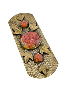 VINTAGE HUGE SPECKLED CORAL STONE AND BRASS LEAVES SASH BROOCH