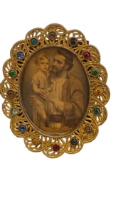 VINTAGE METAL FILIGREE AND RHINESTONE MINI FRAME WITH RELIGIOUS PICTURE