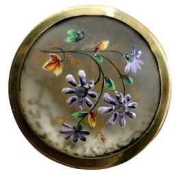 ANTIQUE UNIQUE PAINTED FROSTED DOMED GLASS FLORAL BROOCH