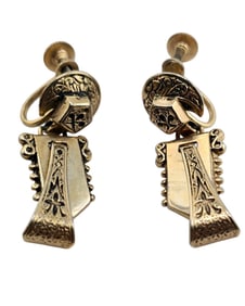 ANTIQUE VICTORIAN DETAILED BRASS SCREW BACK CLIP DANGLE EARRINGS