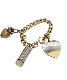 ANTIQUE HEAVY CHARM BRACELET WITH URN, HEART AND CIGARETTE HOLDER