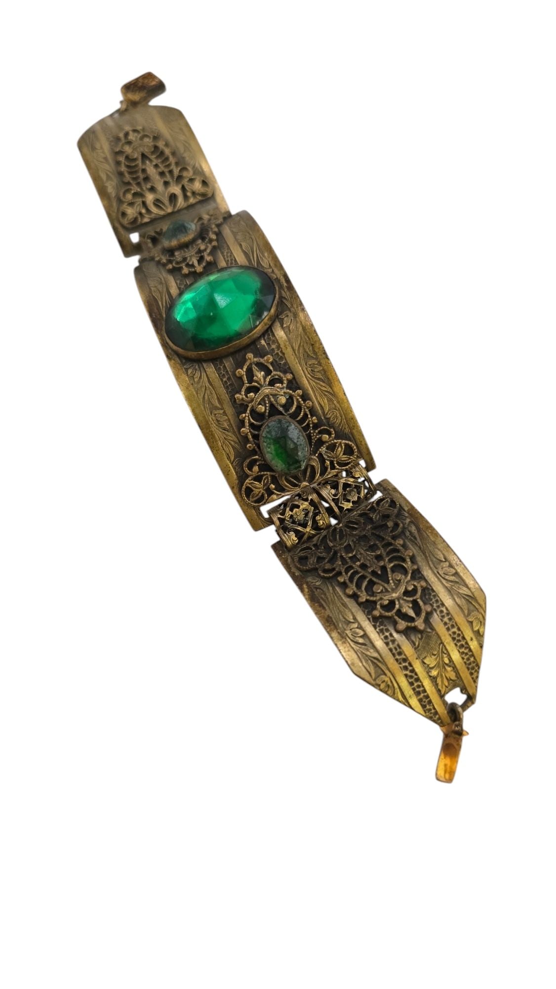 VINTAGE ORNATE CZECH FACETED GLASS CURVED BRASS PANEL BRACELET (1 of 5)