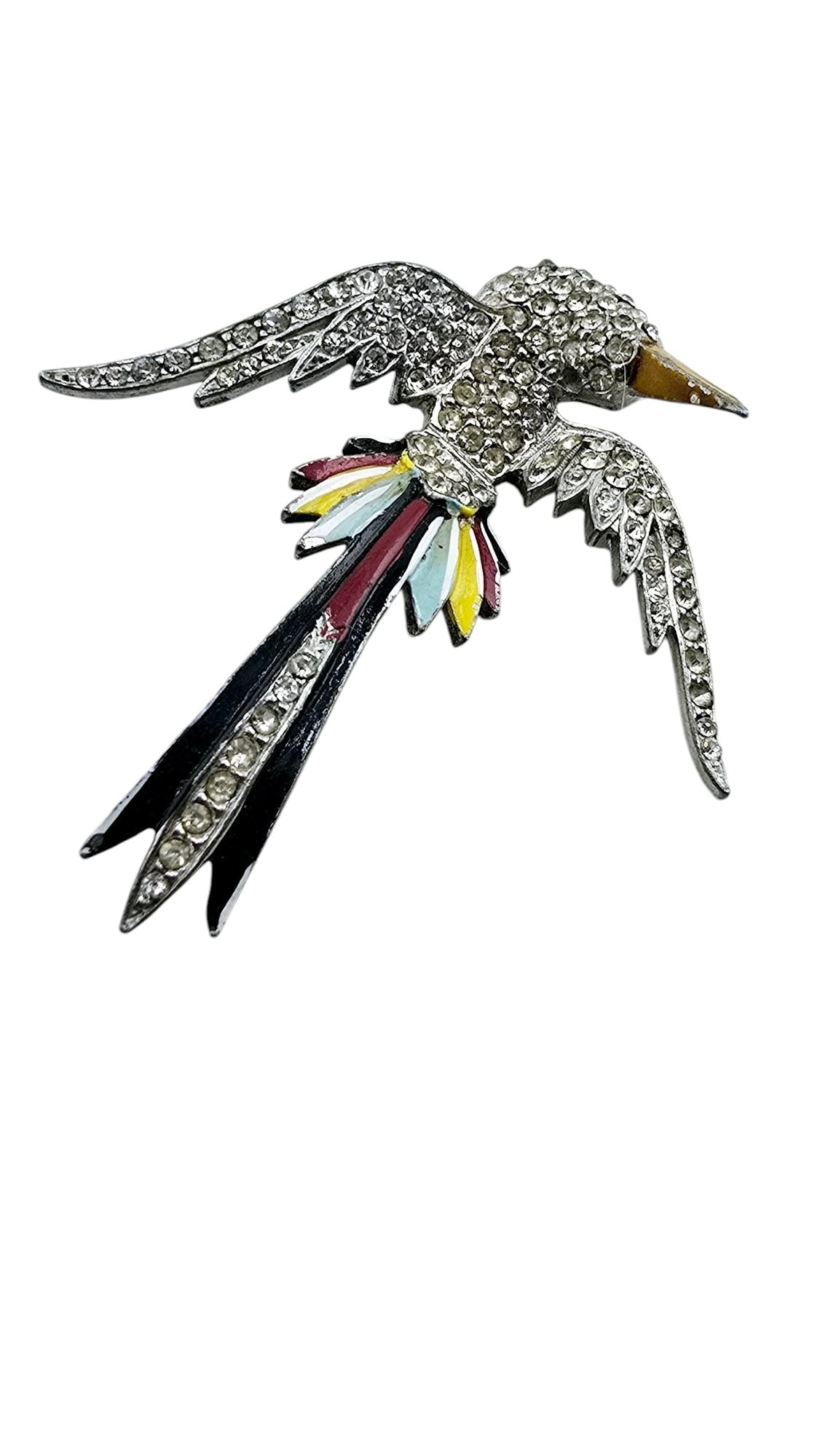 STUNNING ART DECO ENAMEL AND PASTE POT METAL BIRD BROOCH: AMAZING MULTI COLOR WEDDING CAKE BEADED NECKLACE MARKED CORO . BEAUTIFUL WEDDING CAKE BEADS, WITH GOLD PLATED METAL BEADS IN-BETWEEN. HAS A CHAIN CLOSURE AT THE END THAT GOES TO ABOUT 22". NOT SURE IF