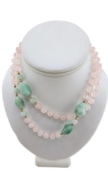 VINTAGE HAND KNOTTED ROSE QUARTZ AND JADEITE NECKLACE